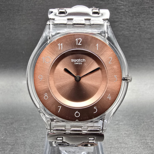 Swatch Skin PINK CUSHION Watch Women 34mm Rose Gold Dial Clear SFE110GA New Batt0