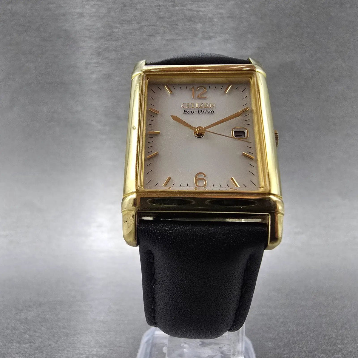 Citizen Eco-Drive Tank Watch Men 25mm White Dial Gold Rectangle Date Runs JP 345