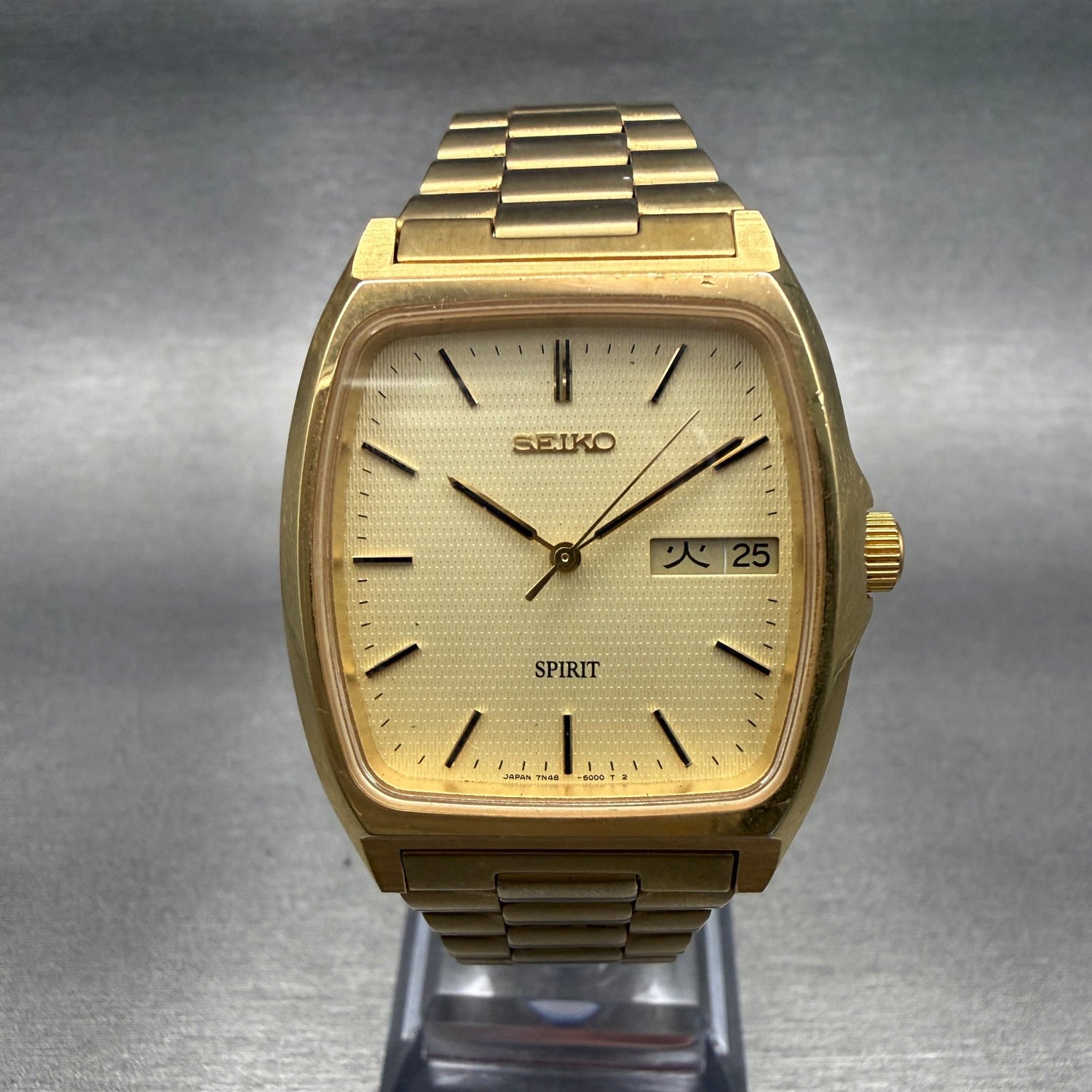 Seiko Spirit Watch Men 32mm Champagne Dial Gold Tone Daydate 7N48-5000 New Batt0