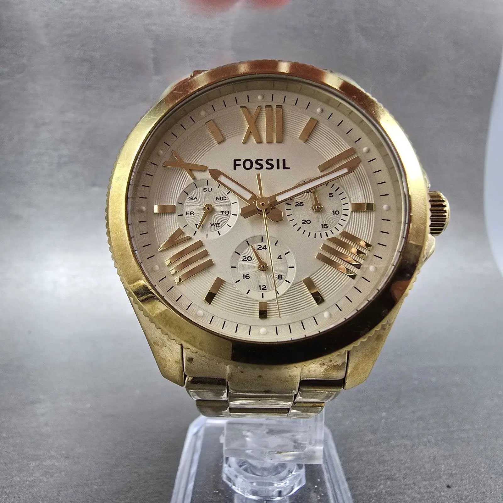 Fossil Cecile Watch Women 40mm Cream Dial Gold Tone Daydate AM4510 New Battery S5