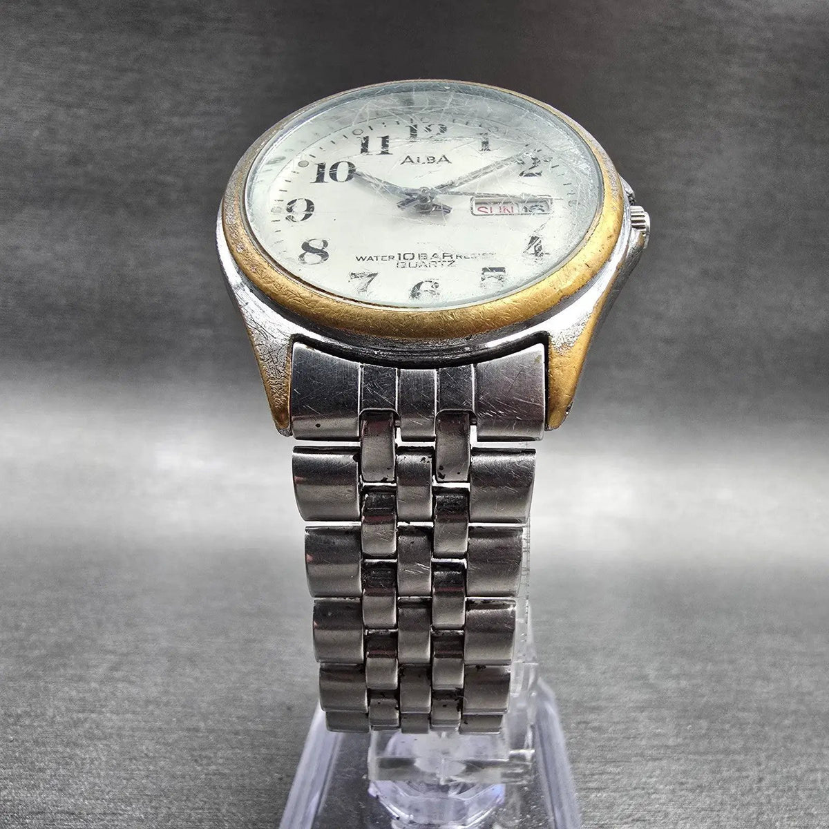 Seiko Alba Watch Men 33mm Silver Dial Silver Daydate Round V733-7A70 New Batt JP5