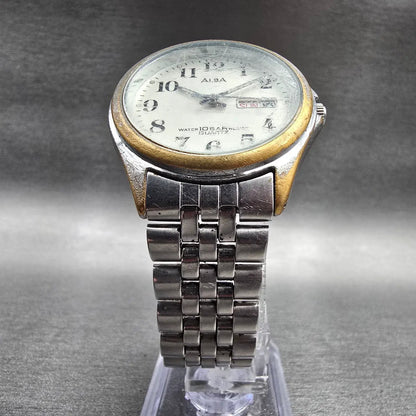 Seiko Alba Watch Men 33mm Silver Dial Silver Daydate Round V733-7A70 New Batt JP5