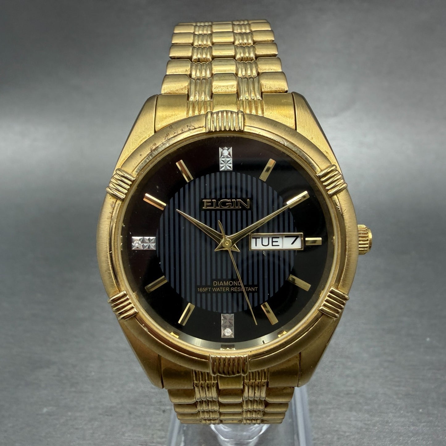 Elgin Watch Men 38mm Black Dial Gold Tone Daydate Round FG268N New Battery0