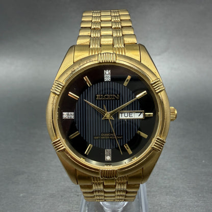 Elgin Watch Men 38mm Black Dial Gold Tone Daydate Round FG268N New Battery0