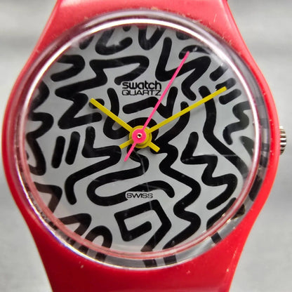 Swatch Squiggly Watch Women 24mm White Dial Red Case Round LR104 New Battery VTG1