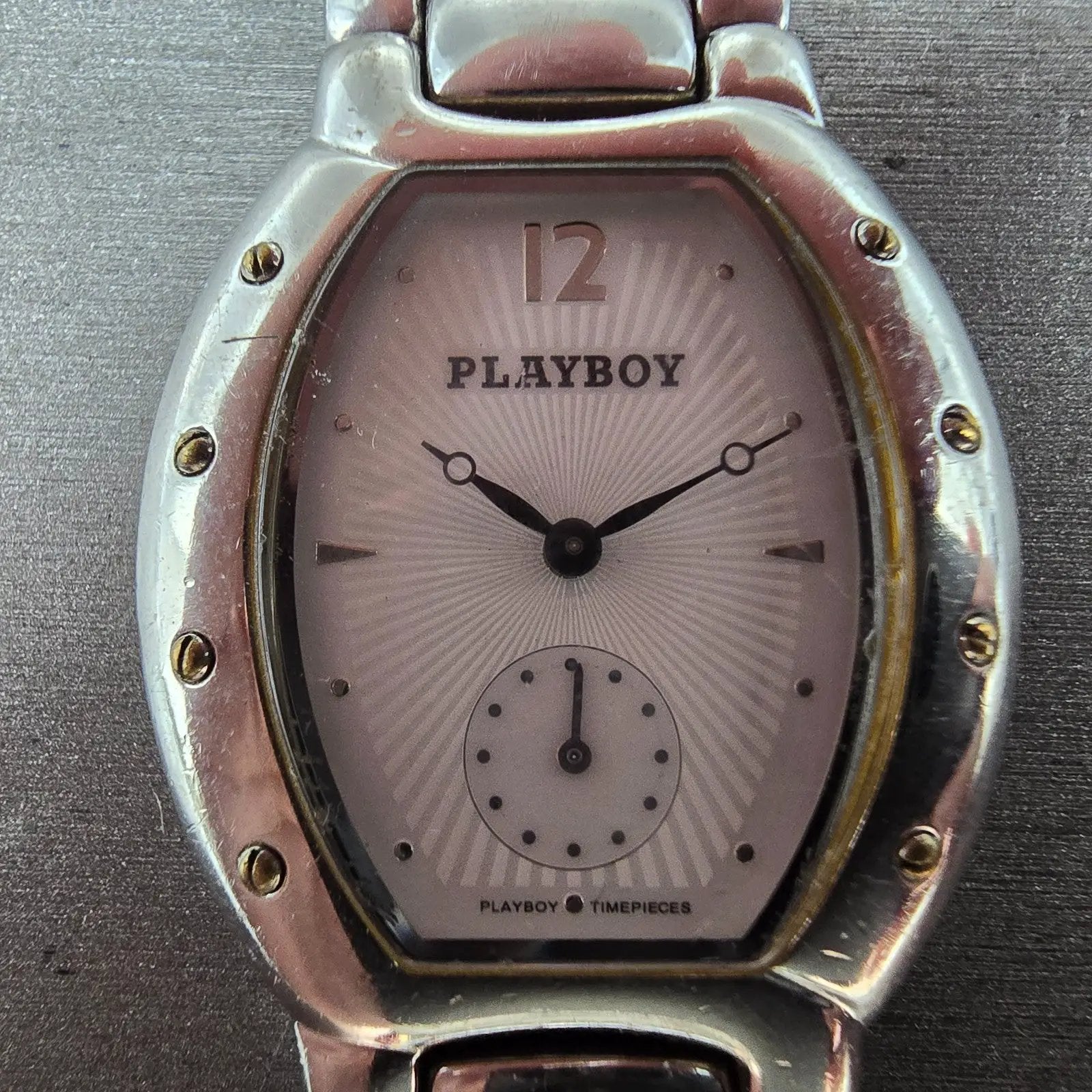 Playboy Watch Men 29mm White Dial Silver Tone Oval New battery MISSING CLASP!!!1