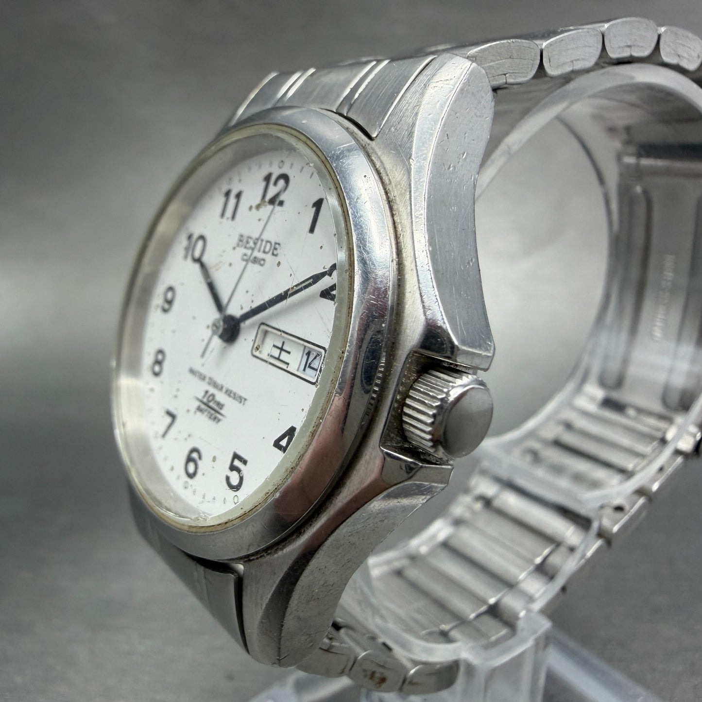 Casio Beside Watch Men 35mm Silver Dial Steel Daydate Round BES-105 New BatteryA2