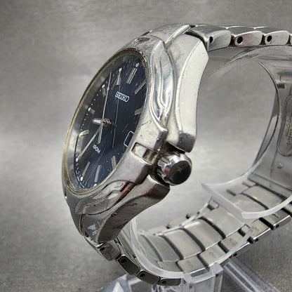 Seiko Watch Men 38mm Blue Dial Silver Tone Date Round 7N427C00 New Bat PARTS!!!3