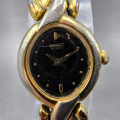 Seiko Watch Women 17mm Black Dial Gold Tone Oval 1F20-5B50 New Battery Vintage1