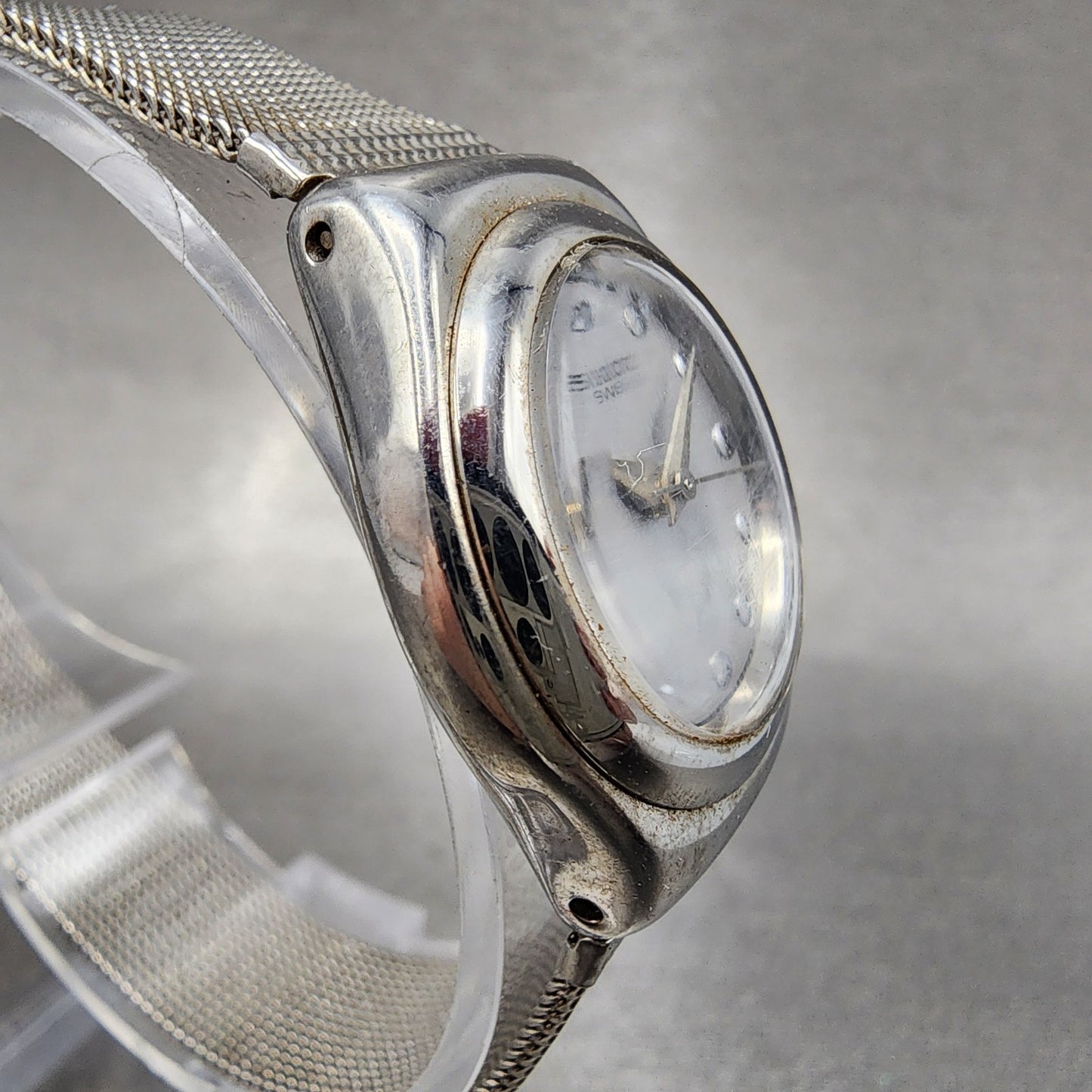 Swatch Irony Libertine Watch Women 24mm Silver Dial Steel Mesh Band New Battery