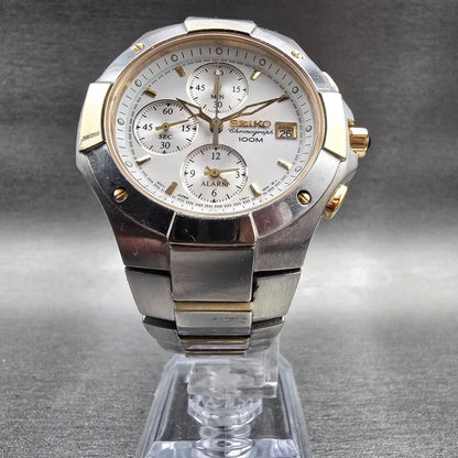 Seiko Chronograph Watch Men 39mm White Dial Two Tone Date Round 7T62-0DP0 NewBat5