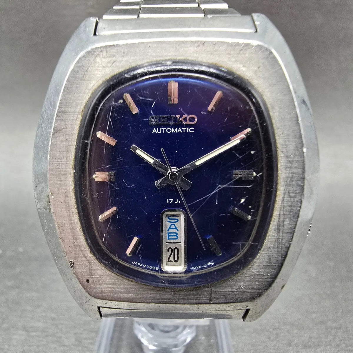 Seiko Automatic Watch Men 37mm Blue Dial Silver Daydate 7009-5059 Oval Runs VTG0