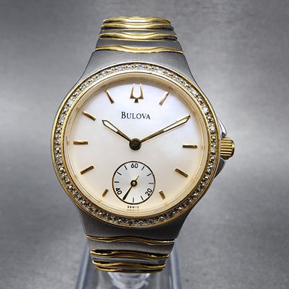 Bulova Watch Women 29mm MOP Dial Two Tone Diamond Bezel Round New Battery 98W120