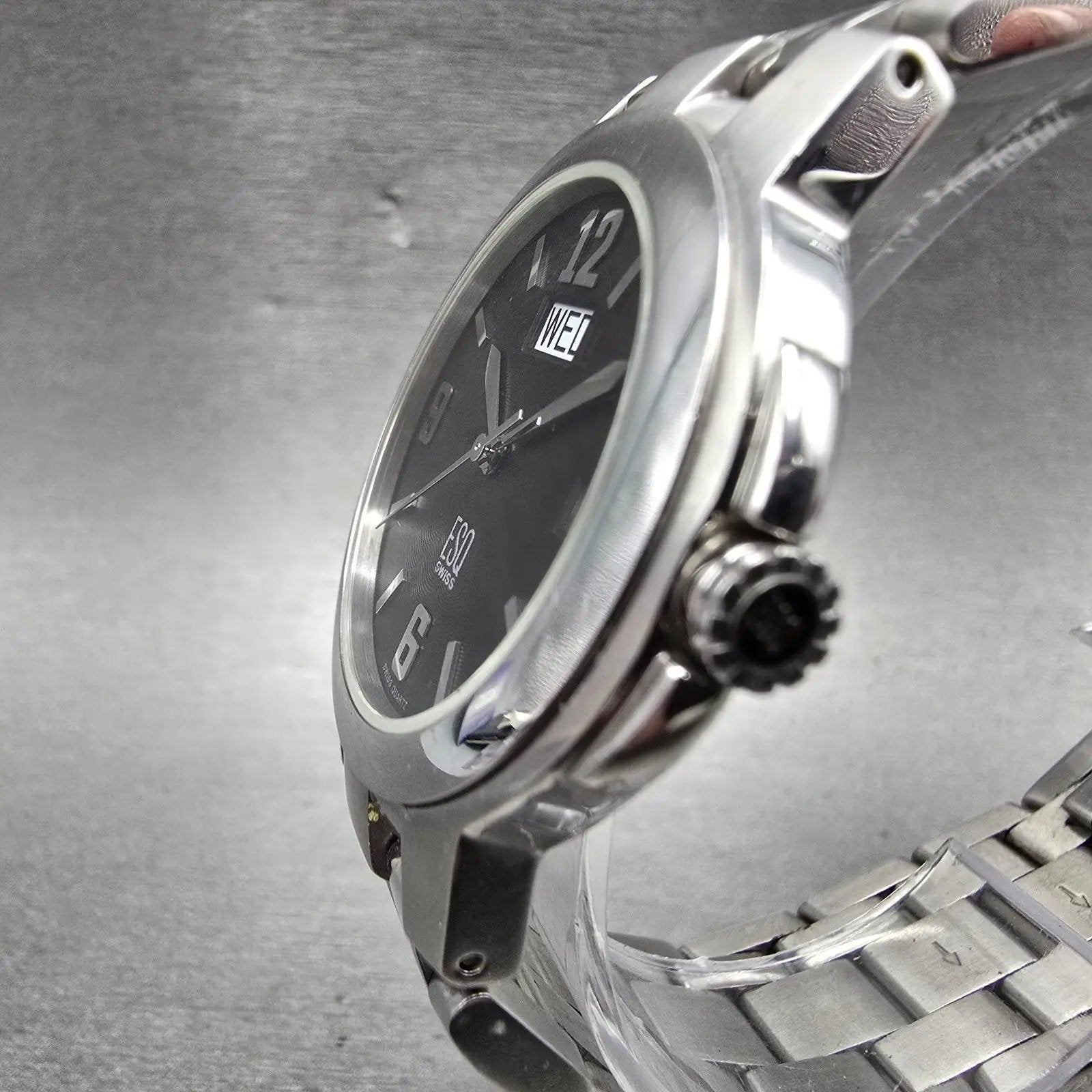 ESQ Watch Men 36mm Black Dial Silver Tone Daydate Round E5312 New Battery Swiss2