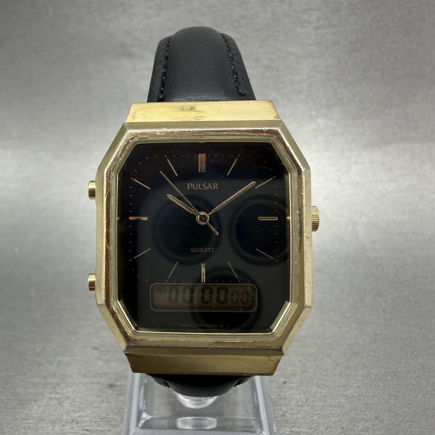 Pulsar Analog Digital Watch Men 29mm Black Dial Gold Octagon V0415180 New Batt0