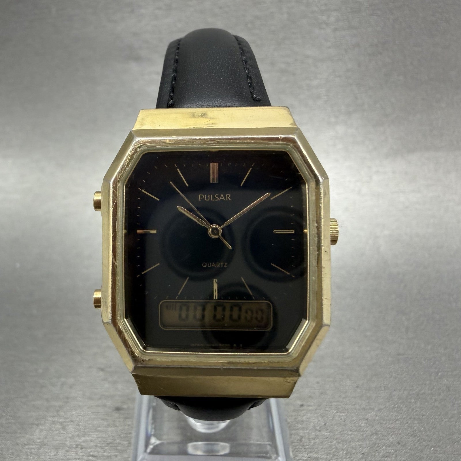 Pulsar Analog Digital Watch Men 29mm Black Dial Gold Octagon V0415180 New Batt0