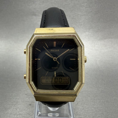 Pulsar Analog Digital Watch Men 29mm Black Dial Gold Octagon V0415180 New Batt0