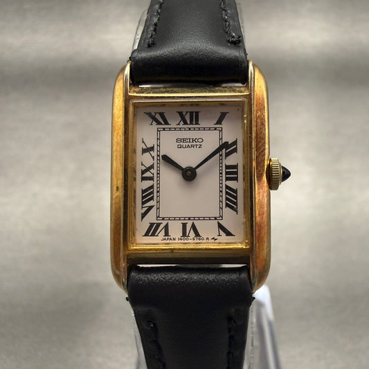 Seiko Tank Watch Women 17mm White Dial Gold Tone Rectangle 1400-8069 New Batt0