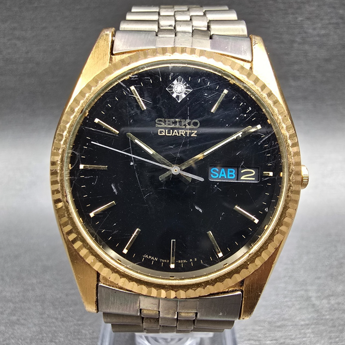 Seiko President Watch Men 35mm Black Dial Gold Tone Daydate 7N43-8119 New Batt0