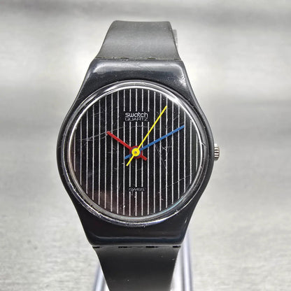 Swatch MISS PINSTRIPE Watch Women Black Dial Black Tone Round LA100 New Battery0