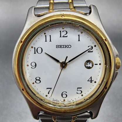 Seiko Watch Women 28mm White Dial Two Tone Date Round 7N82-0790 New Battery