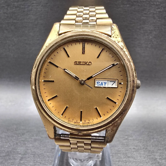 Seiko Watch Men 37mm Gold Dial Gold Tone Daydate Round 7N43-9048 READ!! New Batt0