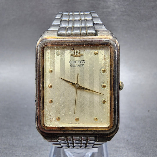 Seiko Tank Watch Men 27mm Champagne Dial Silver Tone Rectangle V701-5K90 PARTS