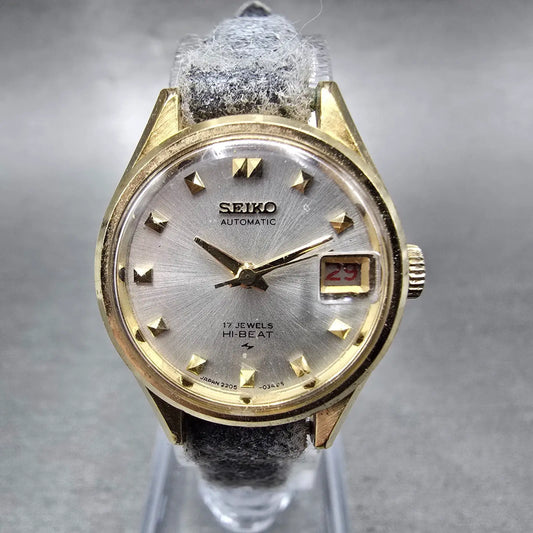 Seiko Automatic Watch Women 23mm Silver Dial Gold Date 2205-0259 PARTS VTG0