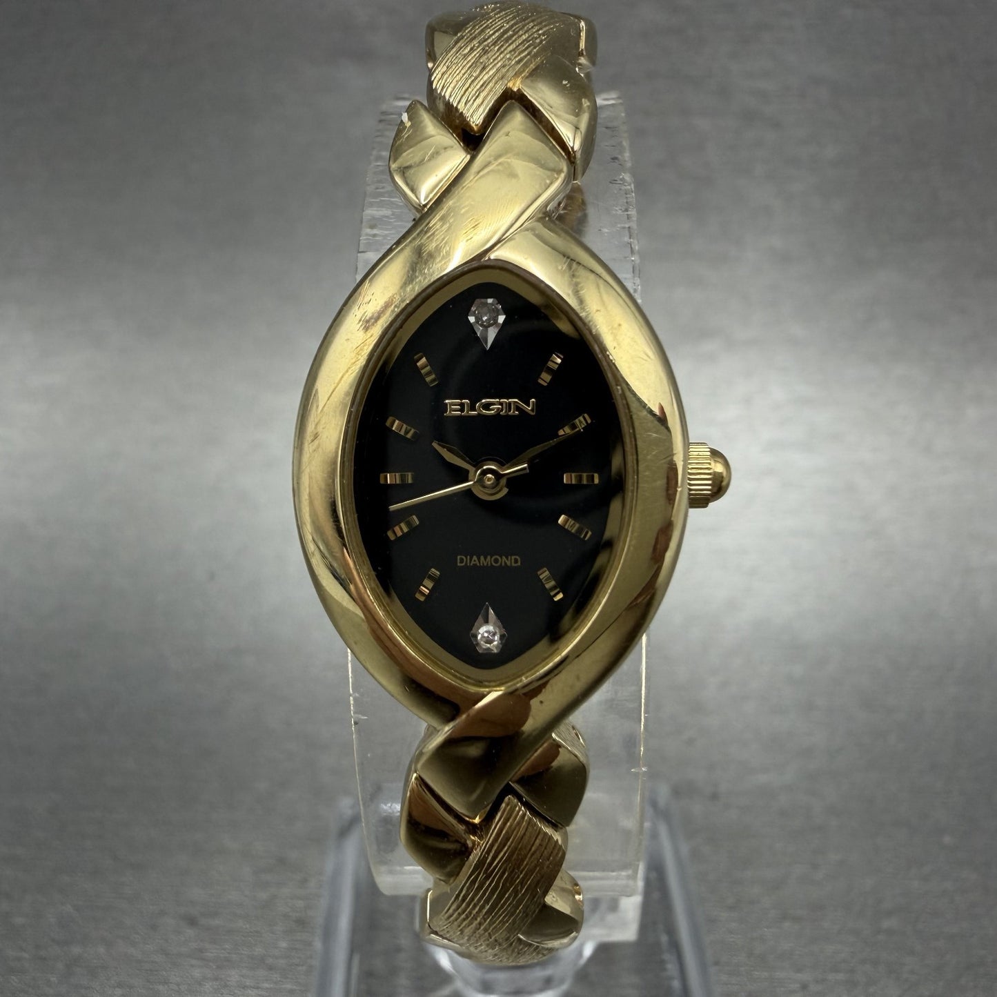 Elgin Watch Women 18mm Black Dial Gold Tone Oval Bangle New Battery VC11EG237N0