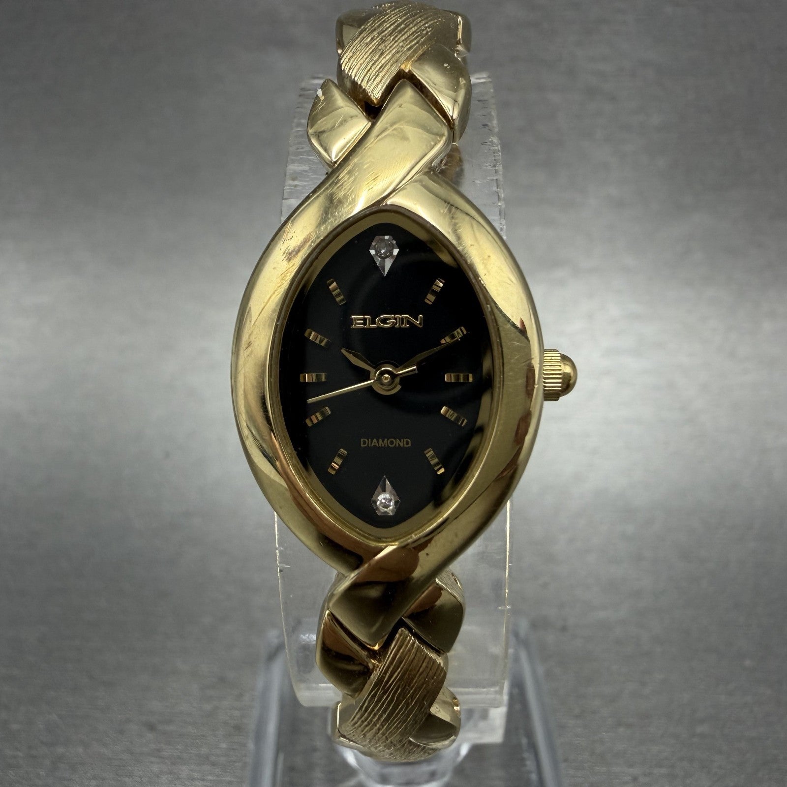 Elgin Watch Women 18mm Black Dial Gold Tone Oval Bangle New Battery VC11EG237N0