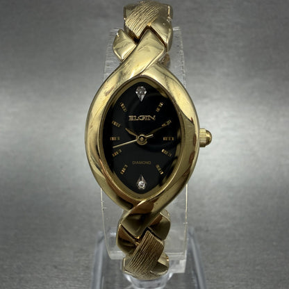 Elgin Watch Women 18mm Black Dial Gold Tone Oval Bangle New Battery VC11EG237N0
