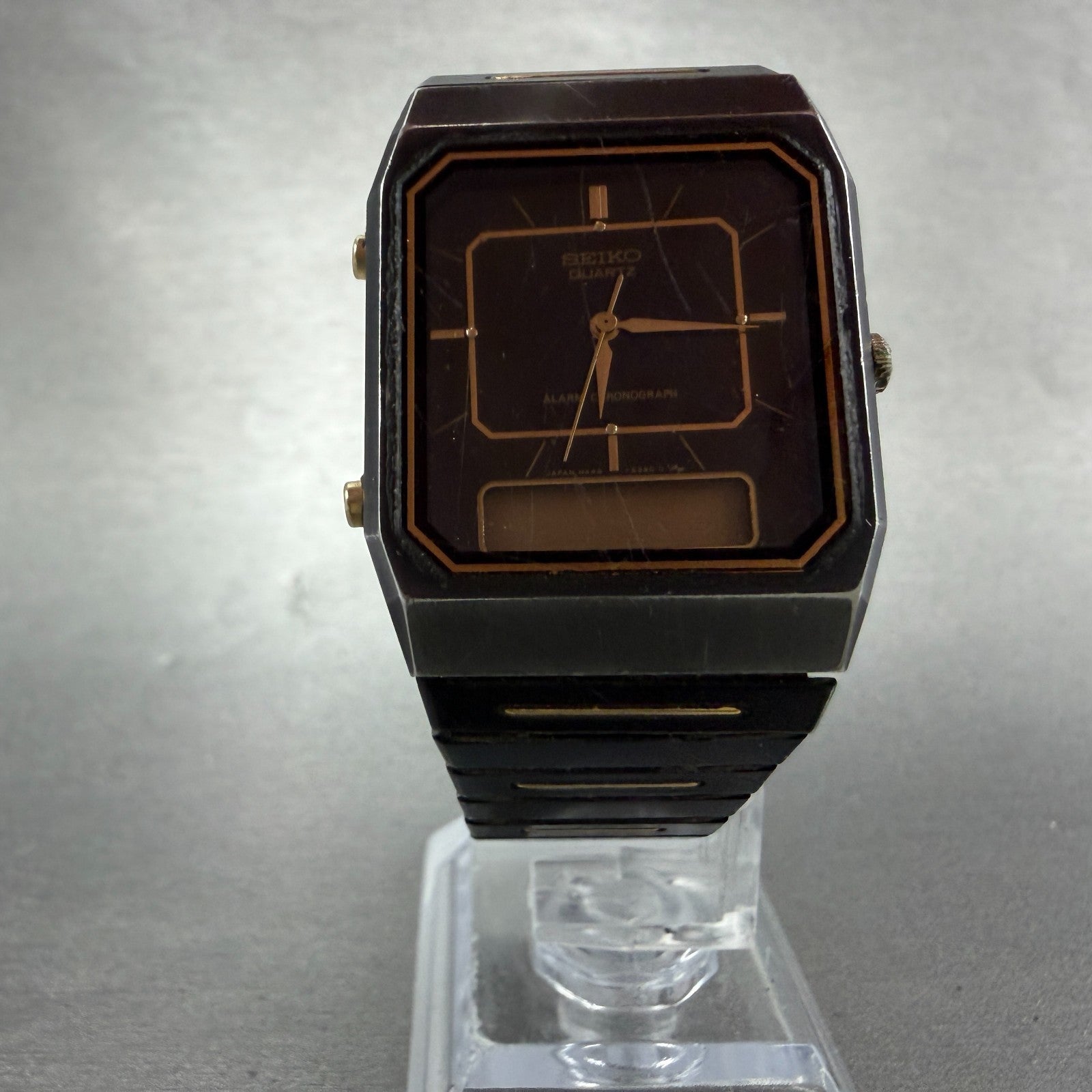 Seiko Analog Digital Watch Men 29mm Black Gold Alarm Chrono H449-5339 PARTS VTG6