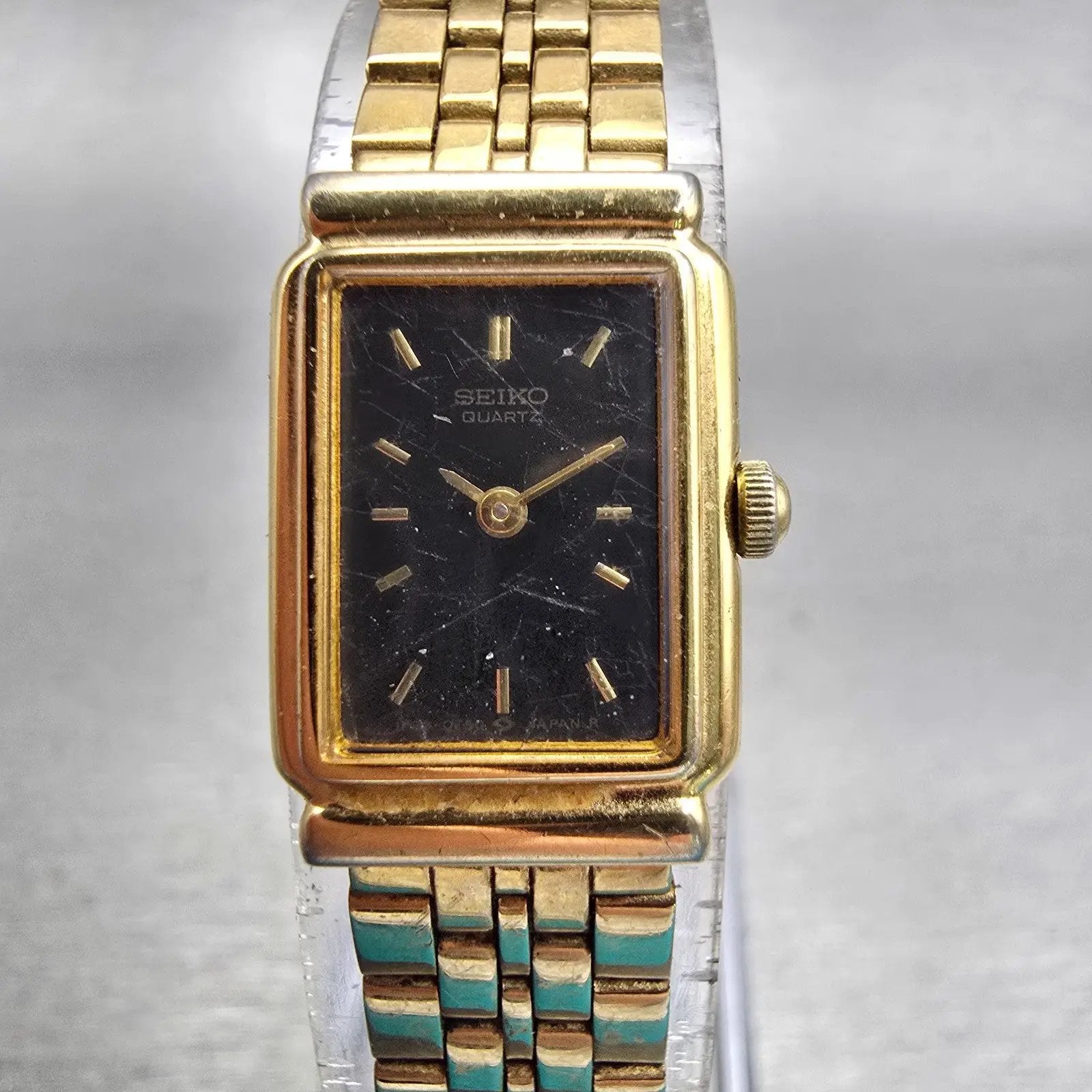 Seiko Watch Women 14mm Black Dial Gold Tone Rectangle 1F20-5B89 New Battery VTG0