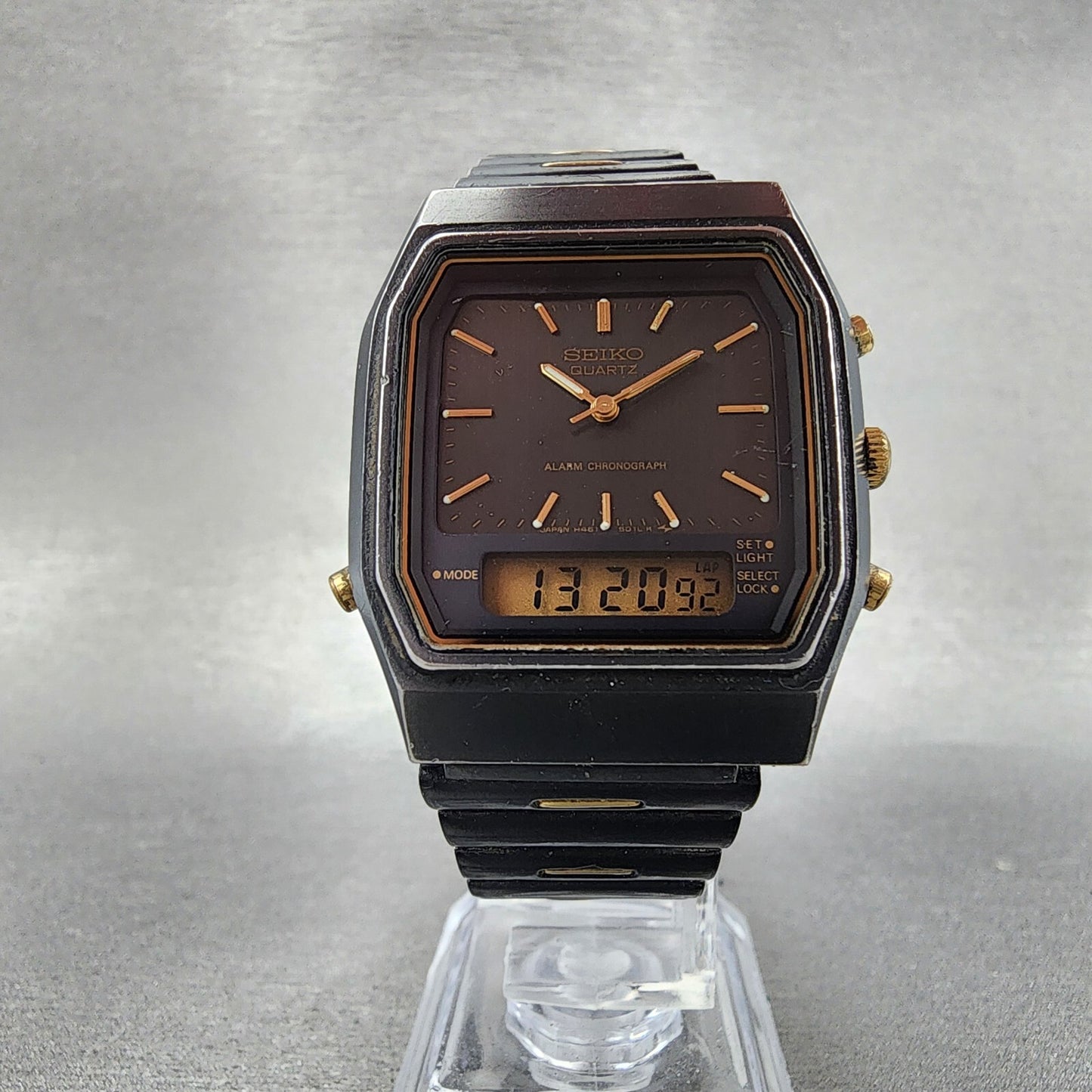 Seiko Watch Men 32mm Black Dial Black Tone Analog Digital H4615030 New Battery5