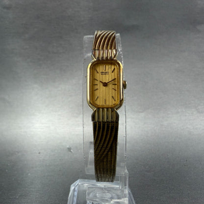 Seiko Tank Watch Women 13mm Champagne Dial Gold Tone 2e20-6019 New Battery UJH5