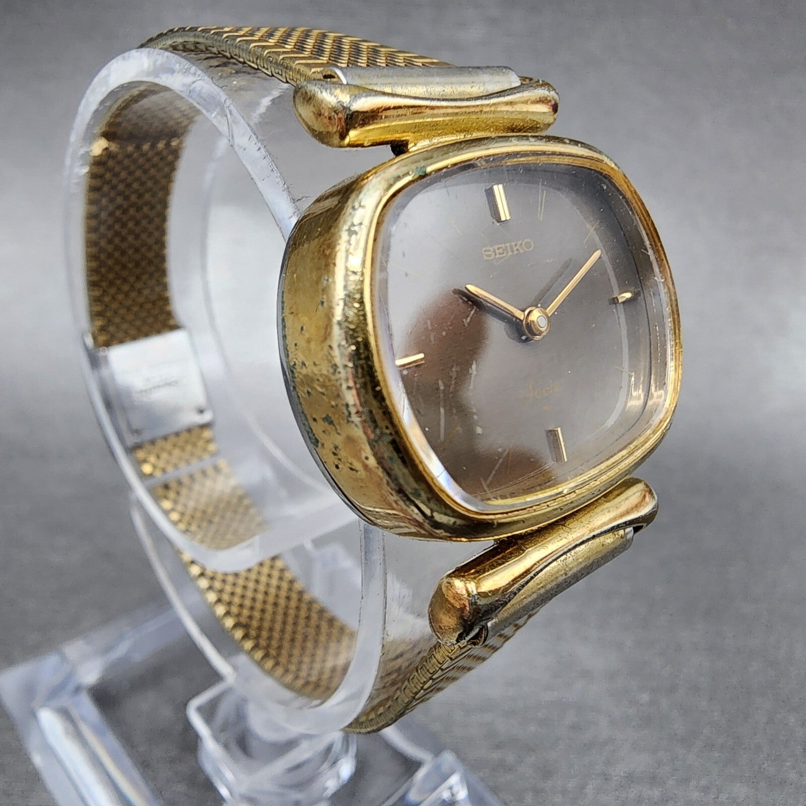 VTG Seiko Watch Women 25mm Brown Dial Gold Tone Rectangle 115020 New Battery3