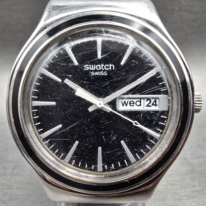 Swatch Charcoal Suit Watch Men 37mm Black Dial Silver Daydate YGS744 New Batt1