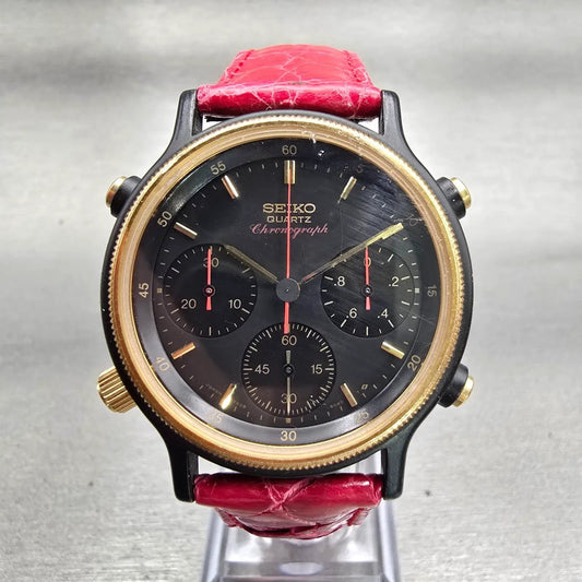 Seiko Chronograph Watch Men 35mm Black Dial Two Tone Round 7A28-6040 New Battery0