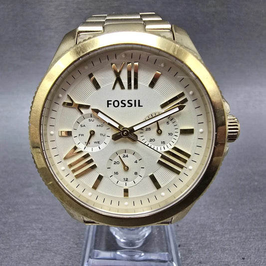 Fossil Cecile Watch Women 40mm Cream Dial Gold Tone Daydate AM4510 New Battery S0