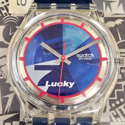 Swatch Access Lucky 7 Watch Men 34mm Blue Dial Clear Case SKZ116 New Battery NOS2