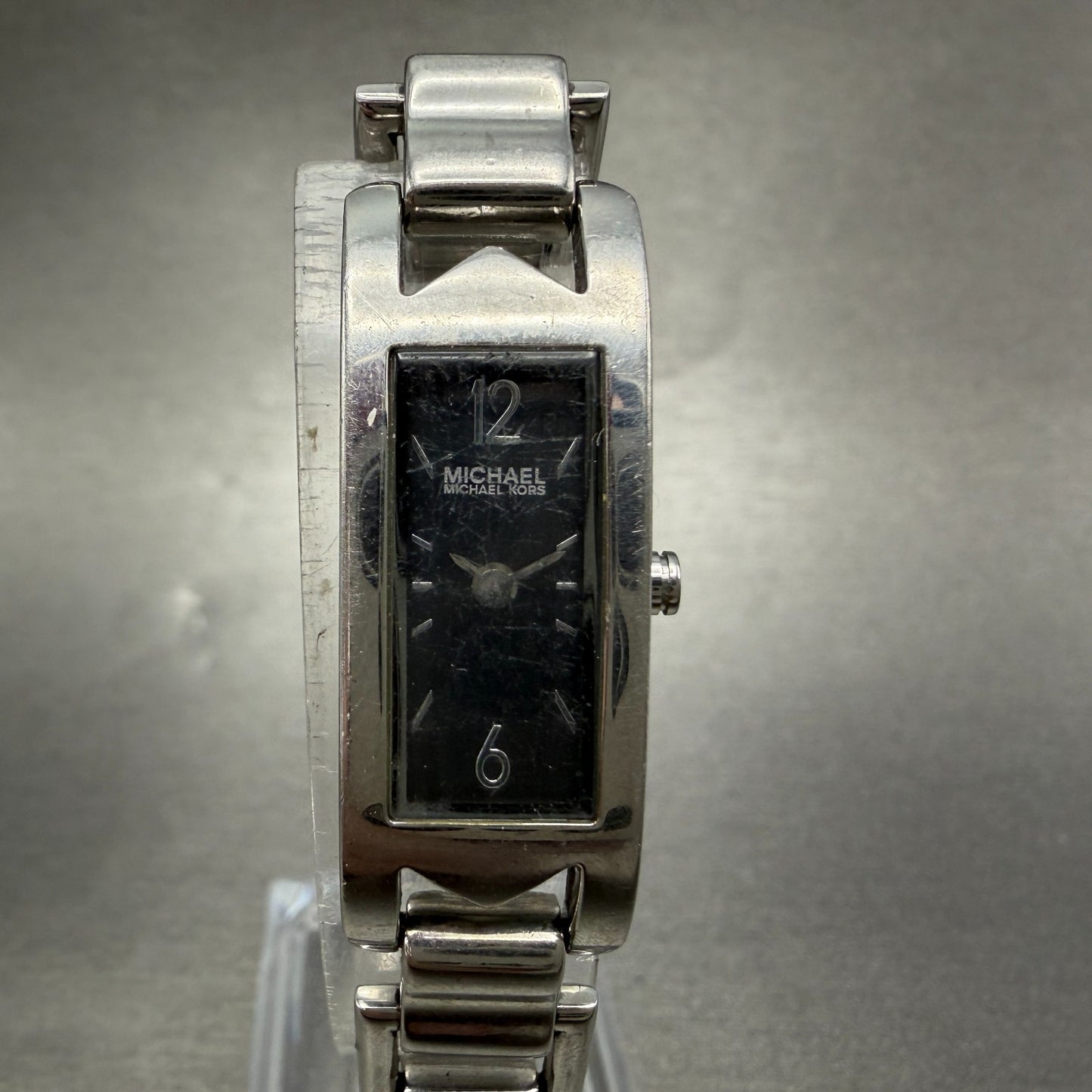 Michael Kors Tank Watch Women 14mm Black Dial Silver Tone Rectangle New battery0