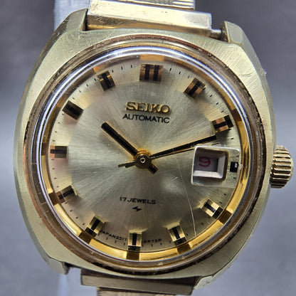 Seiko Automatic Watch Women 25mm Gold Dial Gold Tone Date 2517-0369 Runs1
