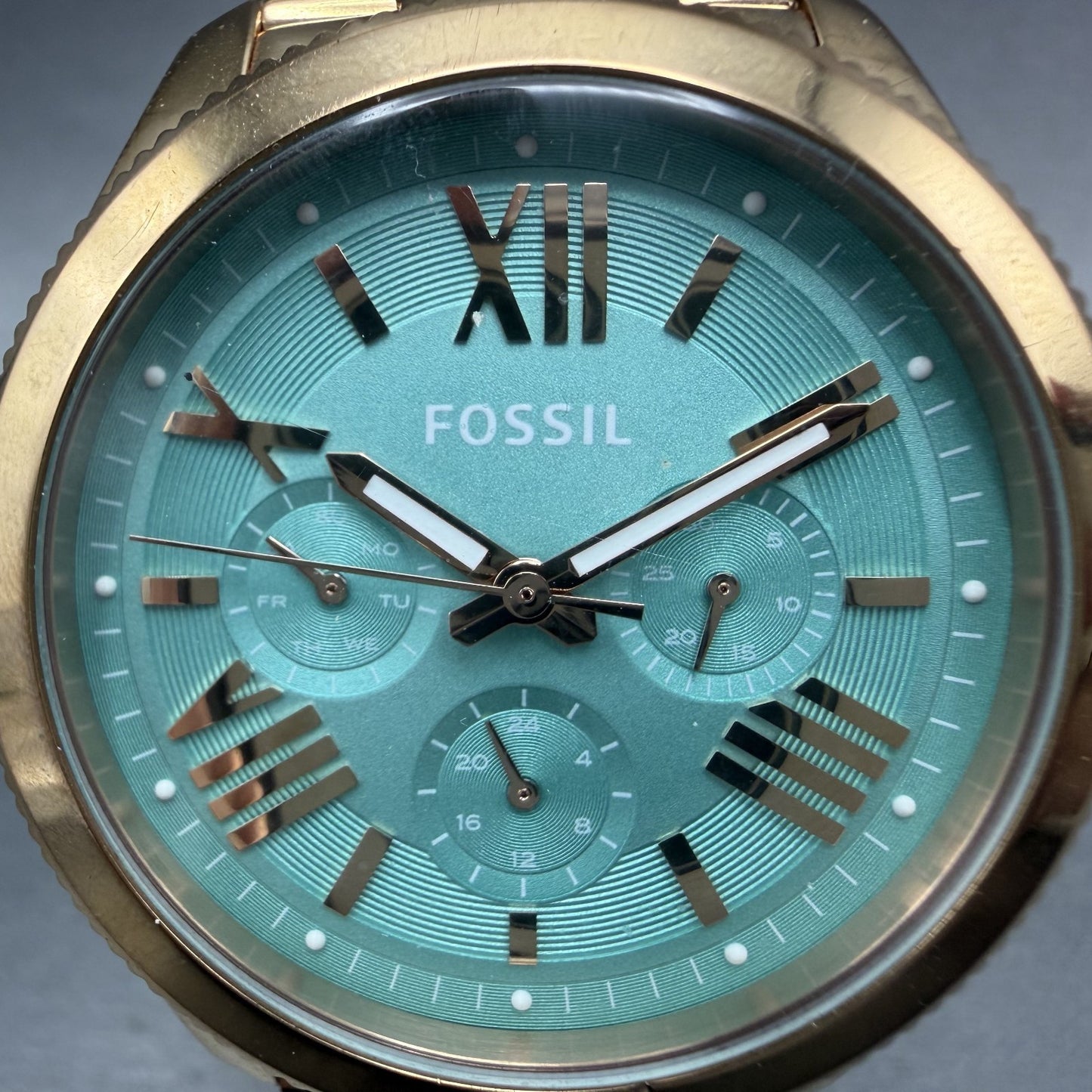 Fossil Cecile Watch Women 41mm Blue Dial Rose Gold Tone Daydate Round New Batt1