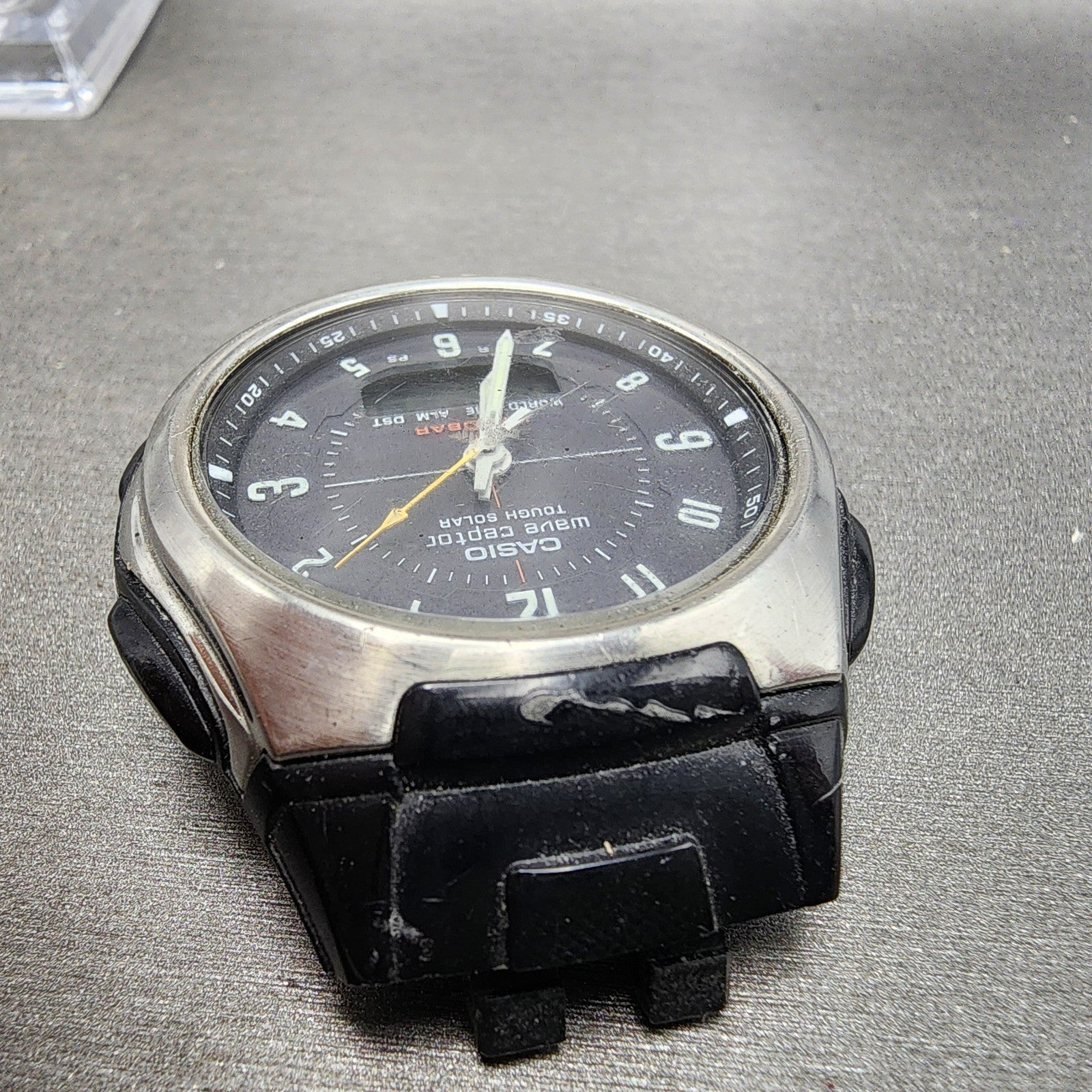 Casio Wave Ceptor Watch Men 42mm Black Dial Silver Tone Analog Digital Solar B124
