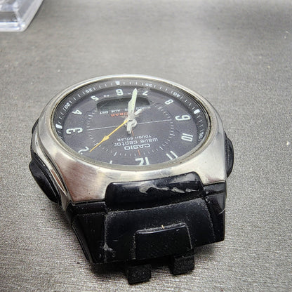 Casio Wave Ceptor Watch Men 42mm Black Dial Silver Tone Analog Digital Solar B124