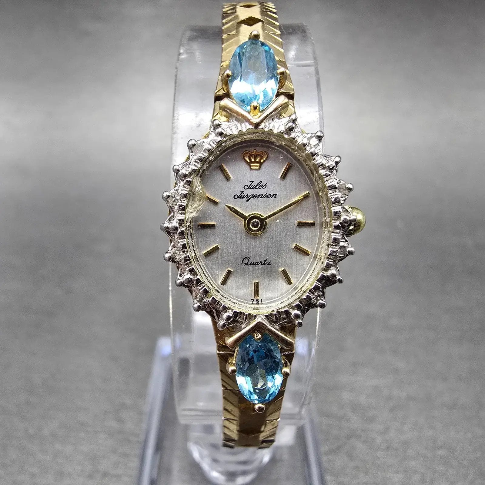 Jules Jurgensen Watch Women 15mm Silver Dial Gold Oval Blue Gems New Battery0