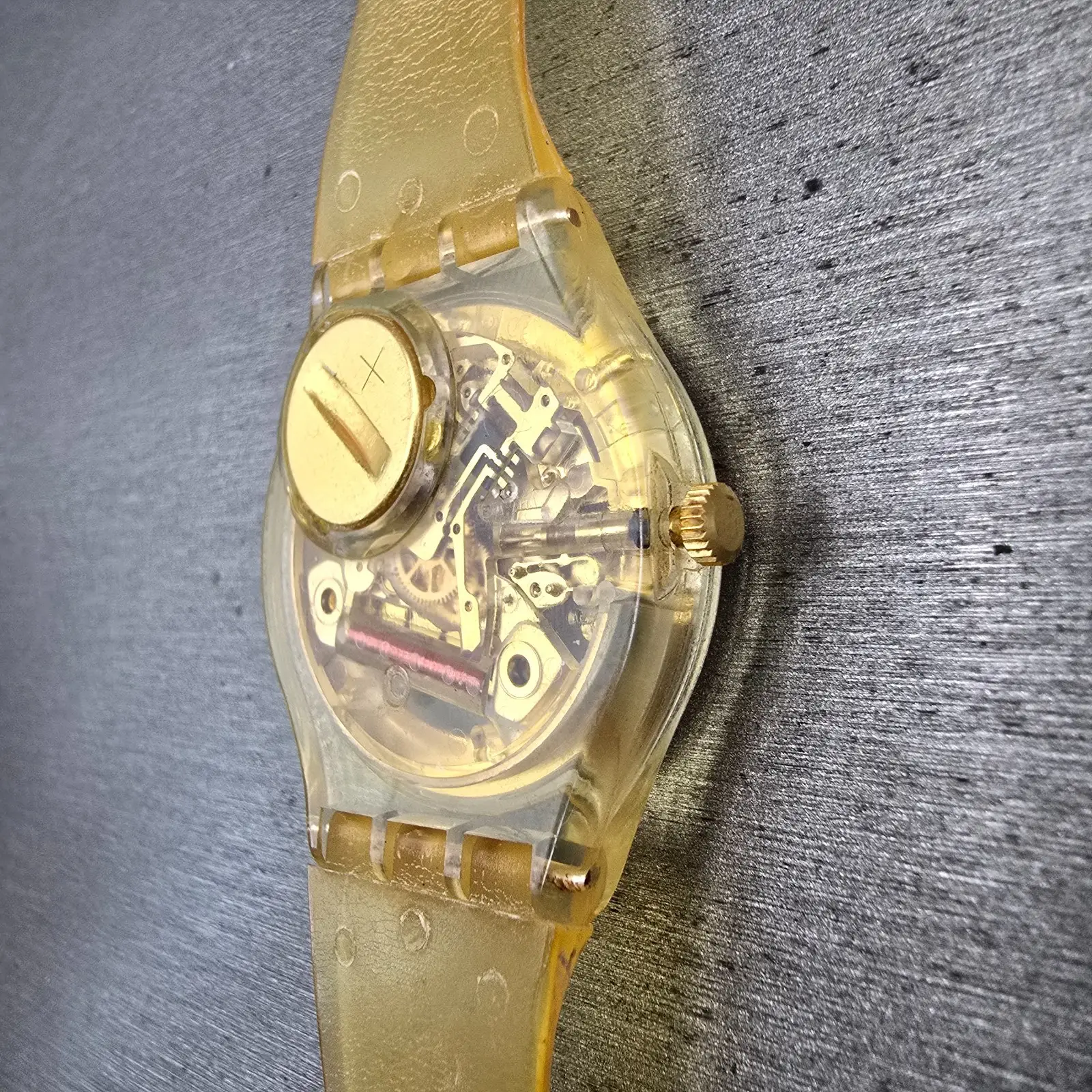 Swatch Golden Jelly Watch Men 34mm Skeleton Dial Clear Case READ! GZ115 New Batt14