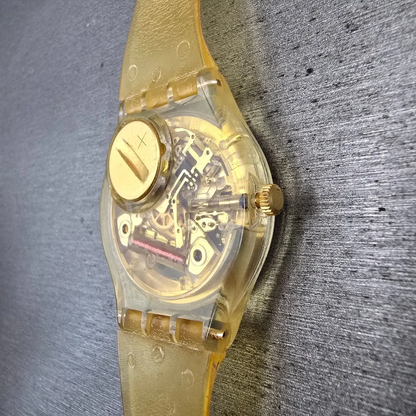 Swatch Golden Jelly Watch Men 34mm Skeleton Dial Clear Case READ! GZ115 New Batt14