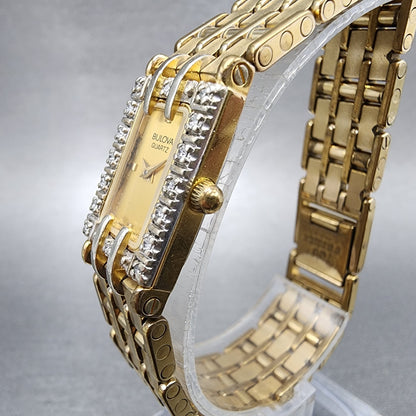 Bulova Tank Watch Women 14mm Gold Dial Gold Tone Diamond Bezel 90F26 New Battery2