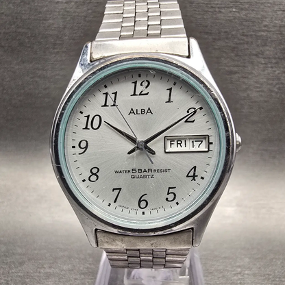 Seiko Alba Watch Men 34mm Silver Dial Silver Tone Daydate Round V743-7A00 NewBat0